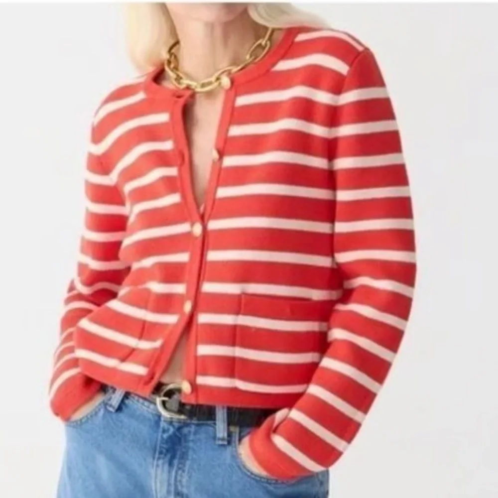 J Crew long sleeve Emilie sweater lady jacket in stripe  patched pockets‎